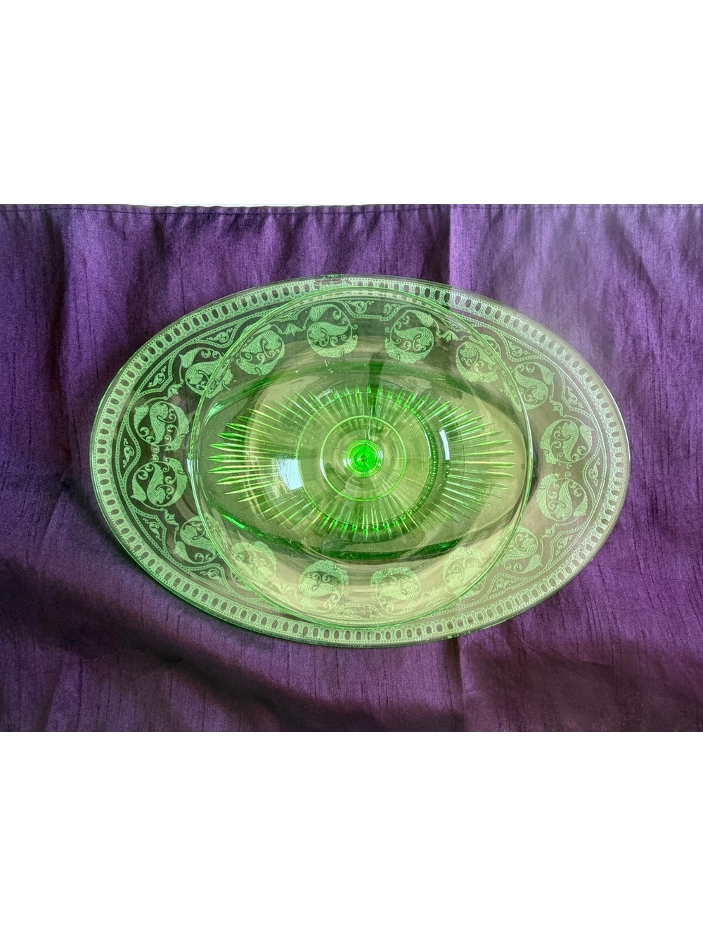 Vintage Uranium Glass Etched Console Set Oval Bowl & Compote UV Reactive 2 Pc